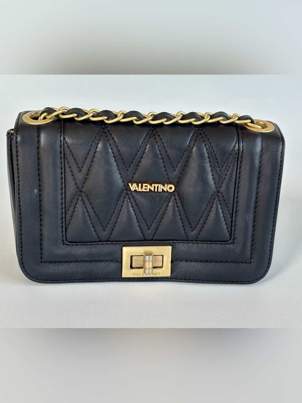 Mario Valentino Black Quilted Leather Chain Crossbody with Gold Hardware